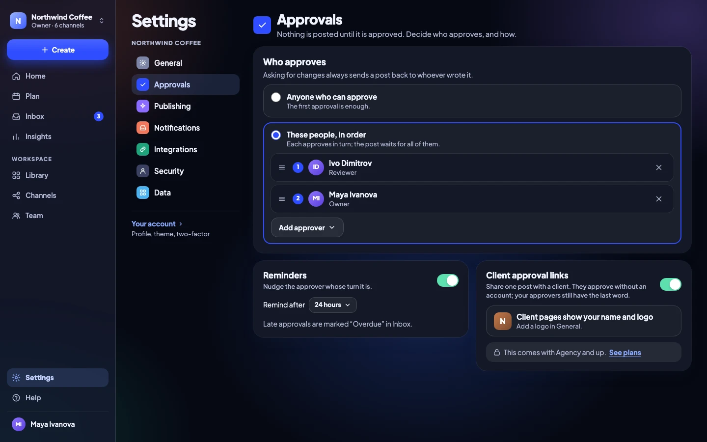 Settings → Approvals: who approves, reminders and client approval links