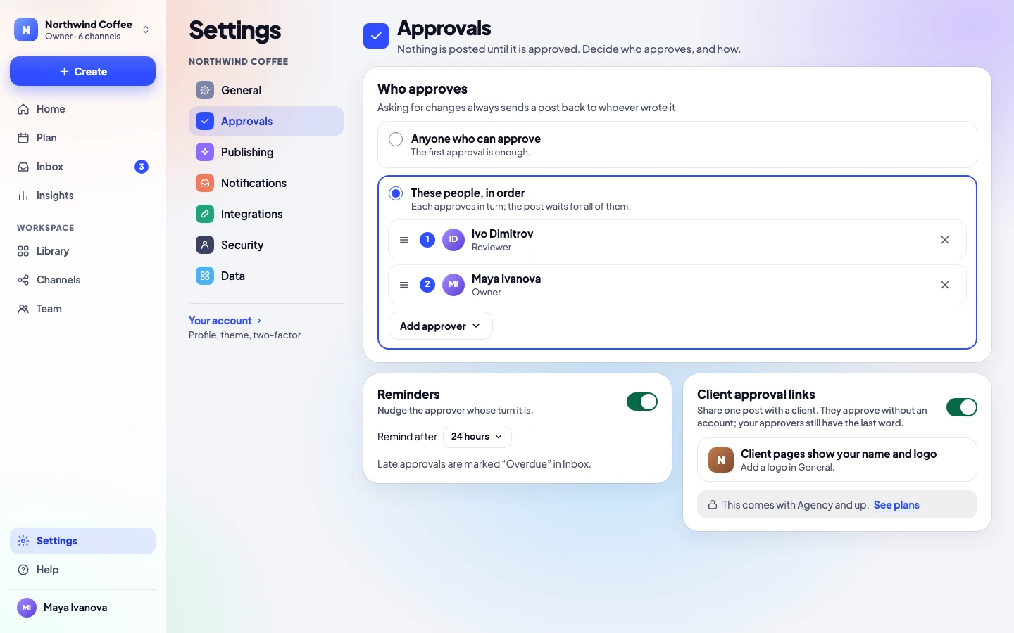 Settings → Approvals: who approves, reminders and client approval links