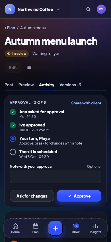 A post waiting for approval, on a phone