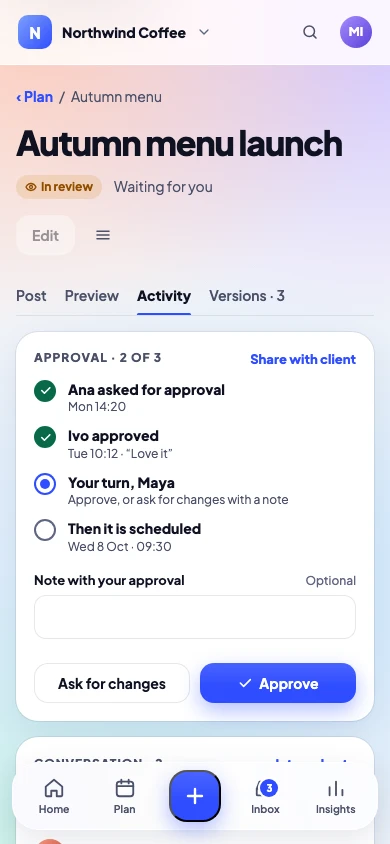 A post waiting for approval, on a phone