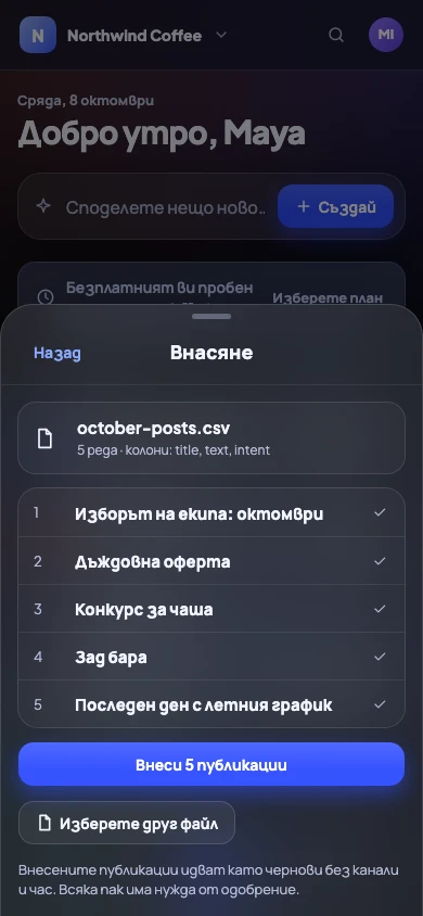 Внасяне на пет публикации от таблица на телефон