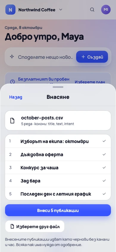 Внасяне на пет публикации от таблица на телефон