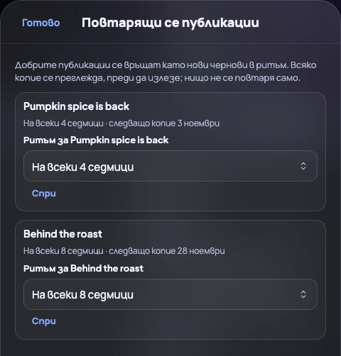 Повтарящи се публикации: Pumpkin spice is back на всеки 4 седмици и Behind the roast на всеки 8, всяка със следващото си копие