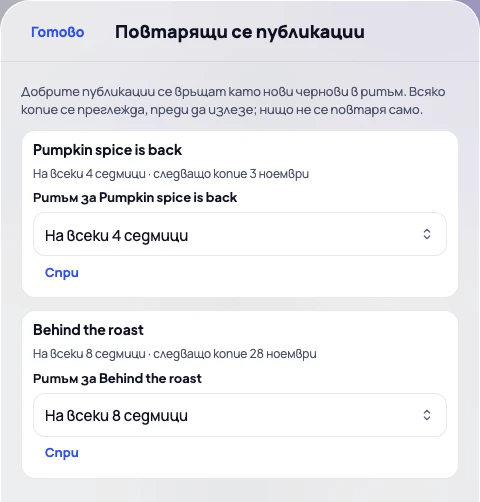 Повтарящи се публикации: Pumpkin spice is back на всеки 4 седмици и Behind the roast на всеки 8, всяка със следващото си копие