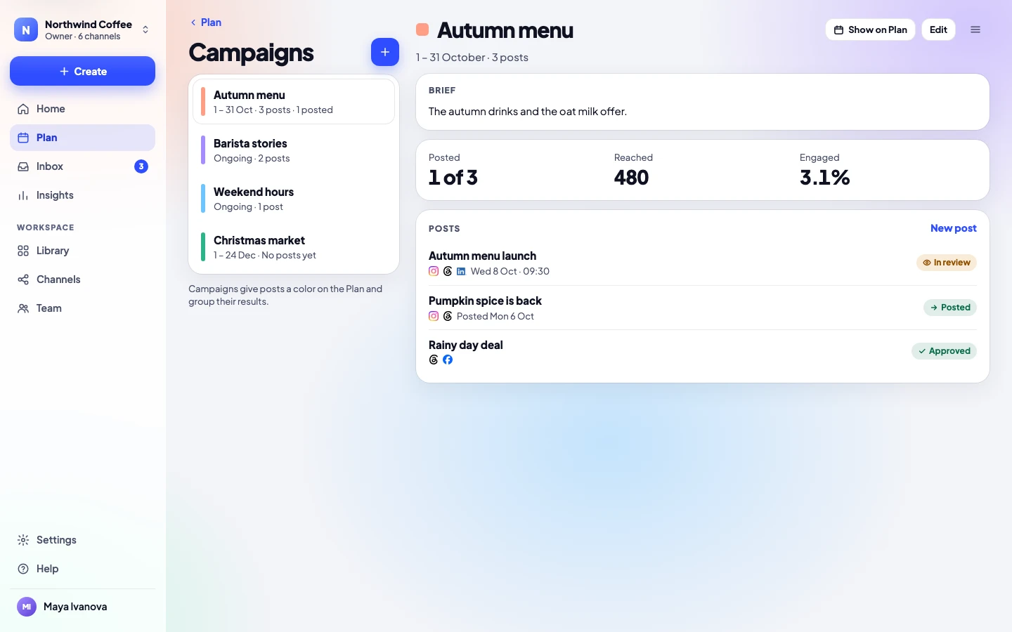 A campaign with its brief, its posts and its results