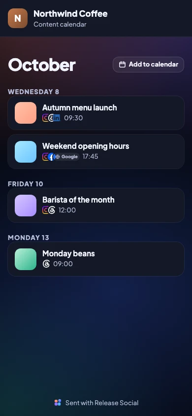The client's calendar on a phone, in Dark