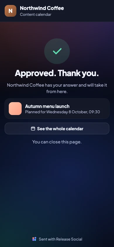 The client's page after approving: “Approved. Thank you.”