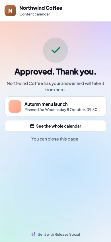 The client's page after approving: “Approved. Thank you.”