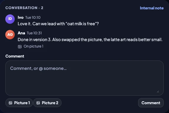 The conversation on a post, with a comment on a picture