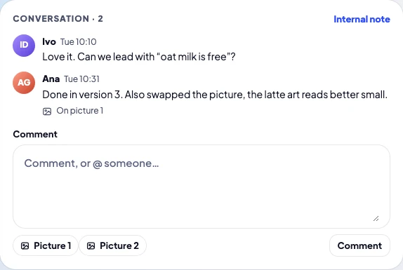 The conversation on a post, with a comment on a picture