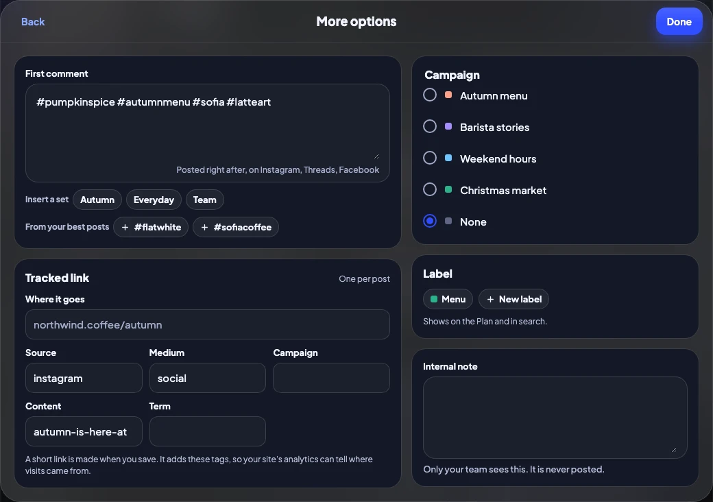 Create's options: a first comment with a hashtag set, and a tracked link