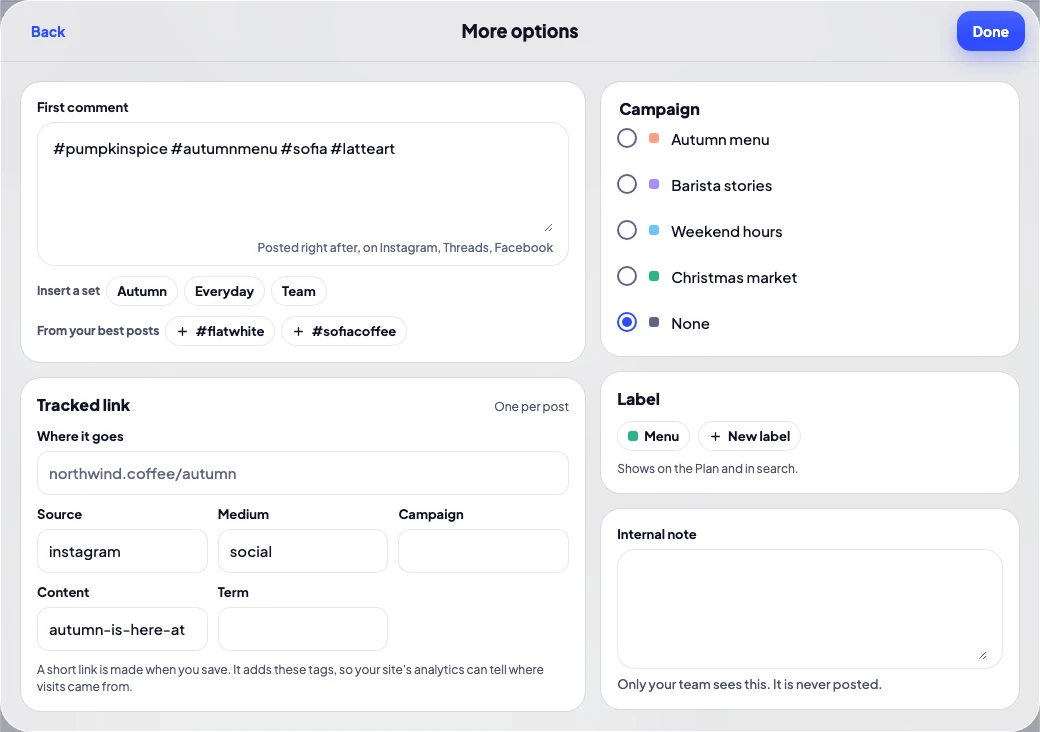 Create's options: a first comment with a hashtag set, and a tracked link
