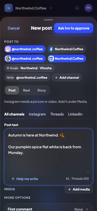 Writing one post for Instagram, Threads and LinkedIn on a phone