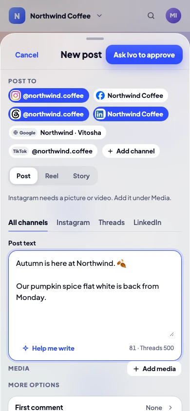 Writing one post for Instagram, Threads and LinkedIn on a phone