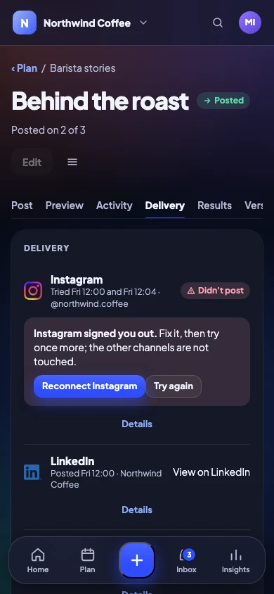 A post's delivery on a phone: posted on Threads and LinkedIn, and why Instagram didn't post
