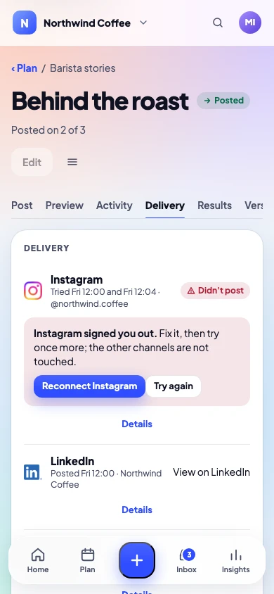 A post's delivery on a phone: posted on Threads and LinkedIn, and why Instagram didn't post
