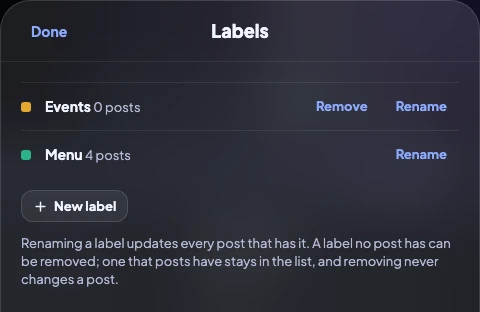 Labels: Events, on no post yet, and Menu, on four posts