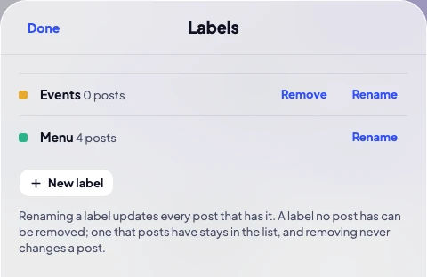 Labels: Events, on no post yet, and Menu, on four posts