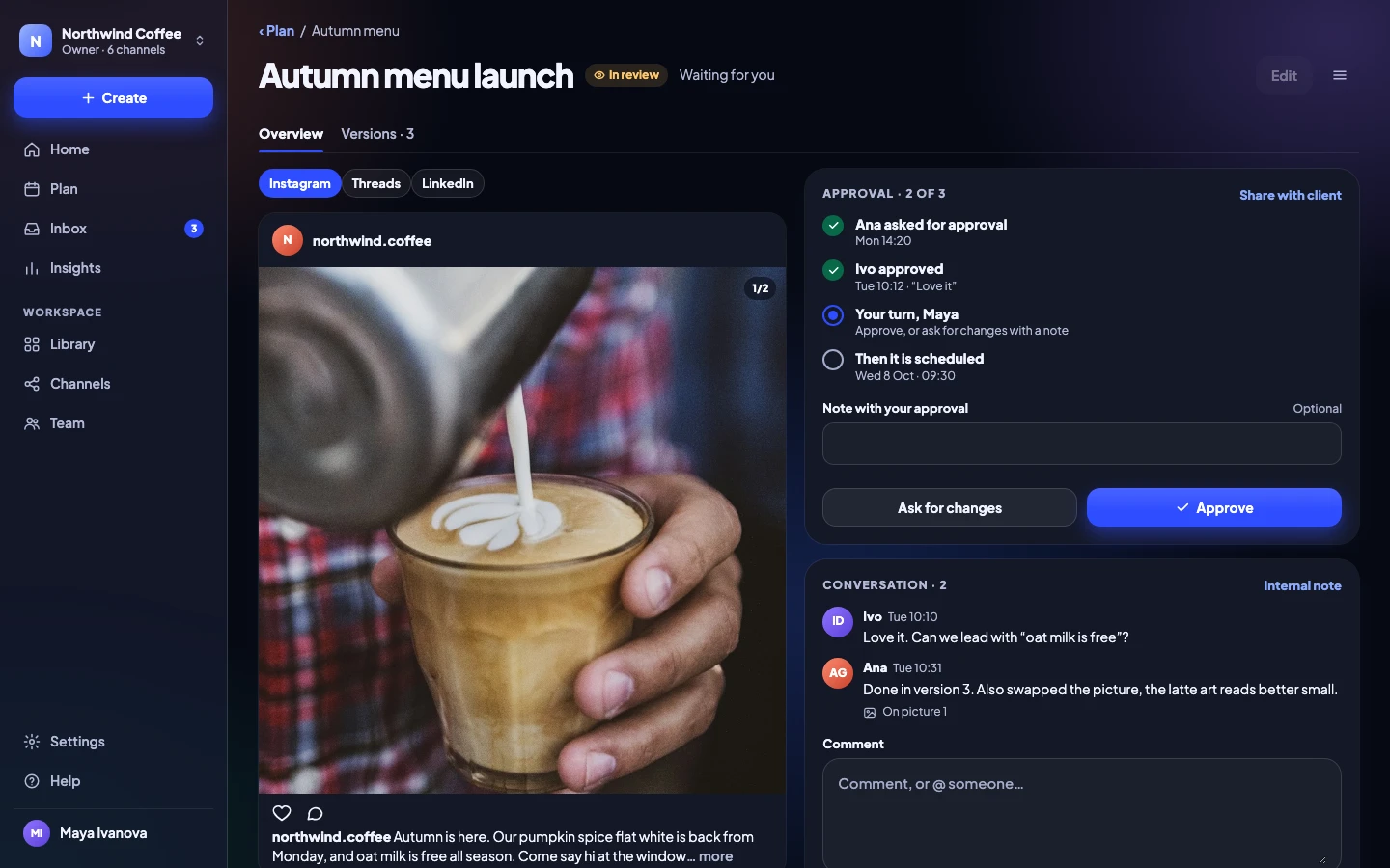 A post's page: previews, approvals in order and the conversation