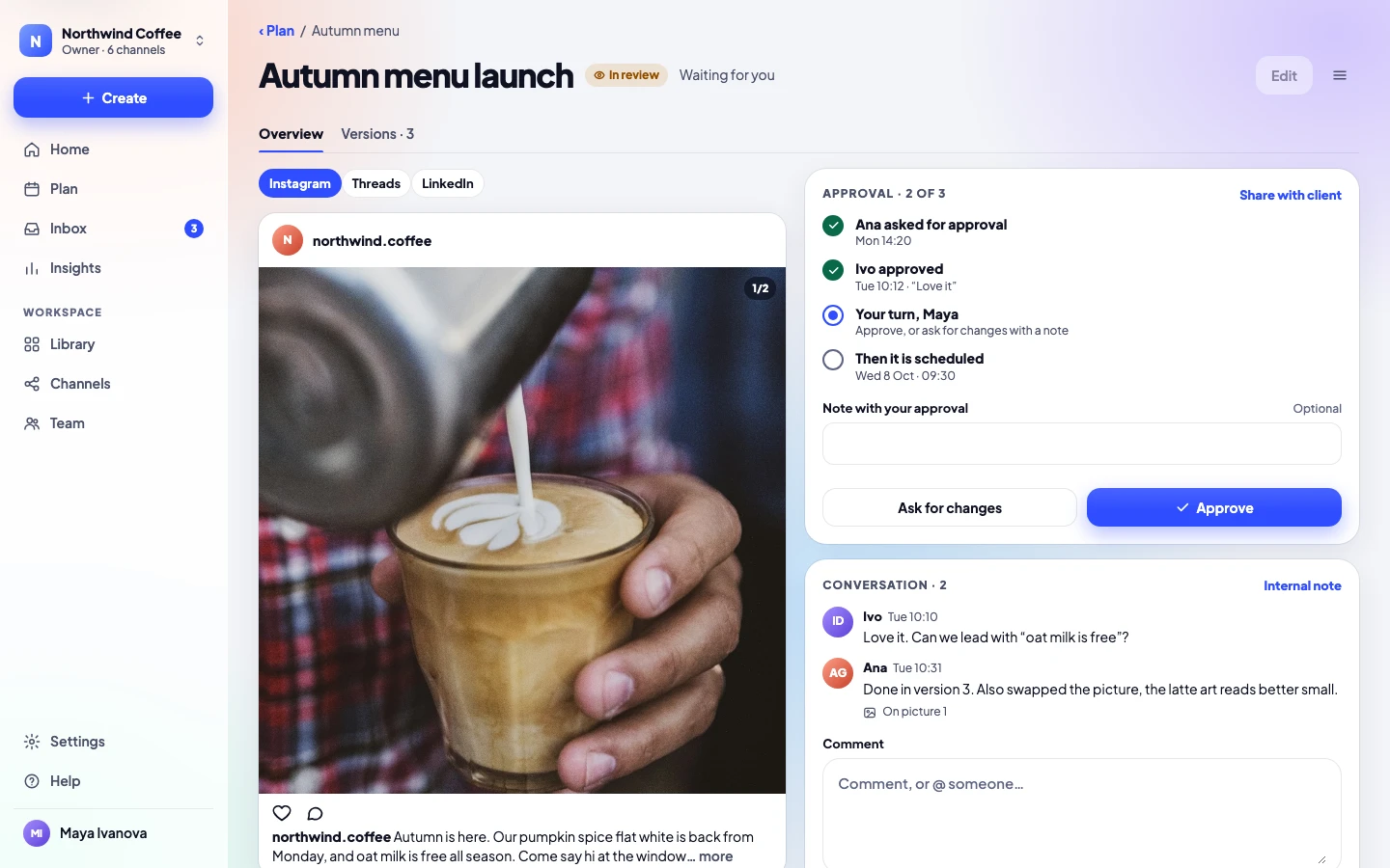 A post's page: previews, approvals in order and the conversation